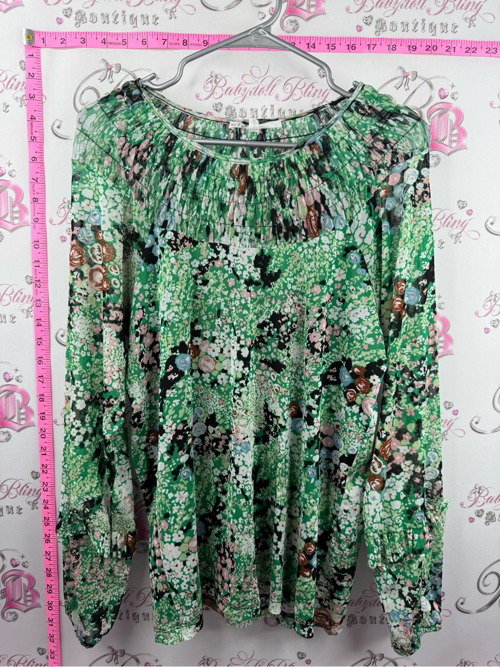 cleo blouse top flowers flowy Green Floral Long-Sleeve Peasant Blouse